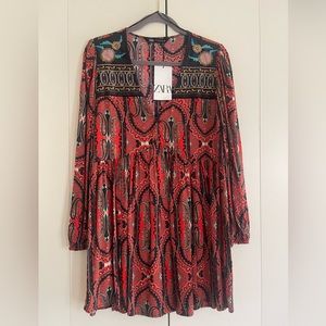 Zara Dress Size Medium Red White Green Paisley Design with Stitching Detail